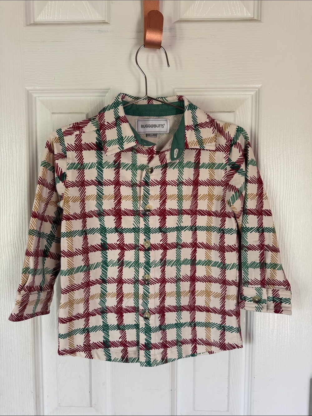 RuggedButts Plaid Button-Up Shirt - Cream, Red, Green & Gold boys 2T holiday